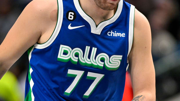 Mavericks guard Luka Dončić in Dallas's 2023 City Edition uniform during his team's 117-112 win over the Trail Blazers on Nov. 12, 2022.